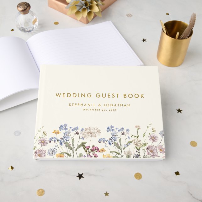 Colorful Spring Wildflower Meadow Gold Wedding  Guest Book (Front Open)
