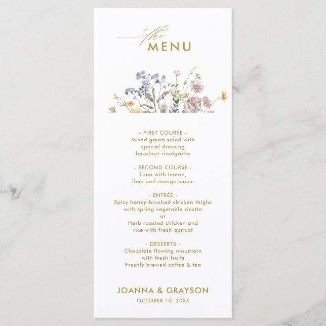 Colorful Spring Wildflower Meadow Gold Wedding Menu (Front)