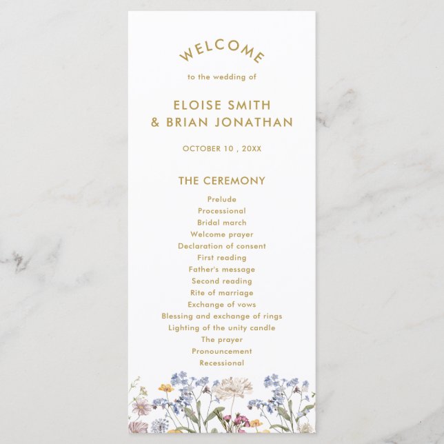 Colorful Spring Wildflower Meadow Gold Wedding  Program (Front)