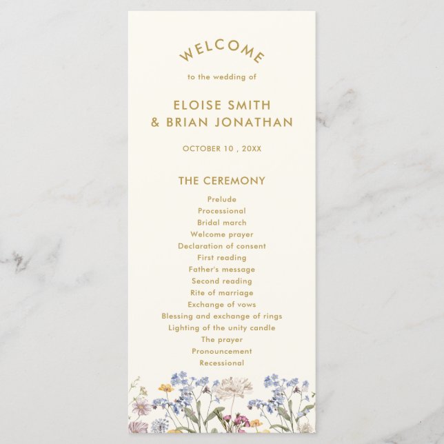Colorful Spring Wildflower Meadow Gold Wedding  Program (Front)