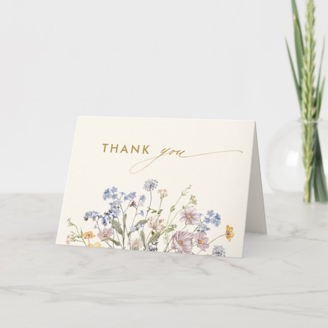 Colorful Spring Wildflower Meadow Gold Wedding Thank You Card (Front)