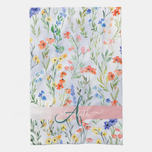 Colorful Spring Wildflower Meadow Monogram Kitchen Towel