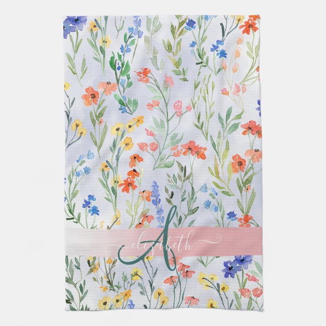 Colorful Spring Wildflower Meadow Monogram    Kitchen Towel (Vertical)