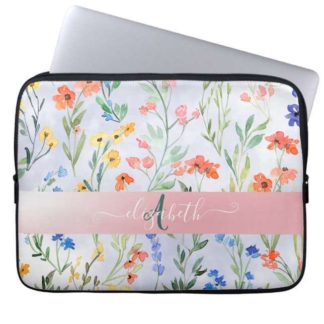 Colorful Spring Wildflower Meadow Monogram   Laptop Sleeve (Front)