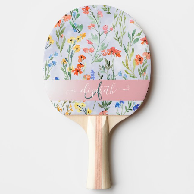 Colorful Spring Wildflower Meadow Monogram  Ping Pong Paddle (Front)