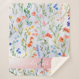 Colorful Spring Wildflower Meadow Monogram Sherpa Blanket