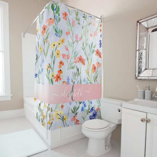 Colorful Spring Wildflower Meadow Monogram  Shower Curtain (In Situ)