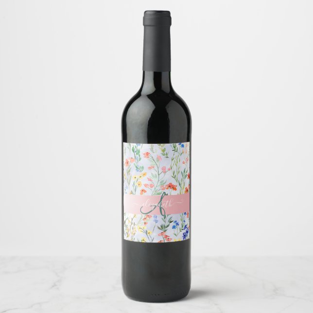 Colorful Spring Wildflower Meadow Monogram   Wine Label (Front)