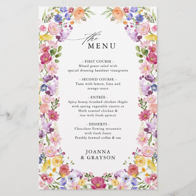 Colorful Spring Wildflower Meadow  Wedding Menu (Front)