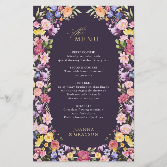 Colorful Spring Wildflower Meadow  Wedding Menu (Front)