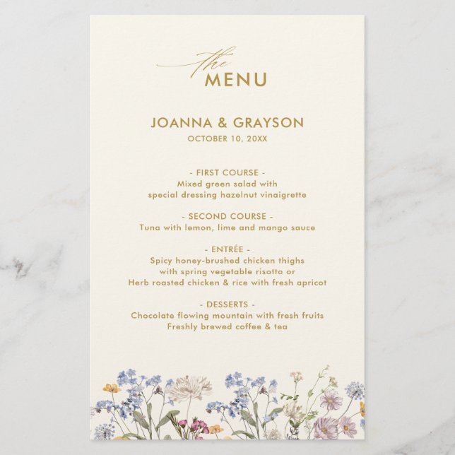 Colorful Spring Wildflower Meadow Wedding Menu (Front)