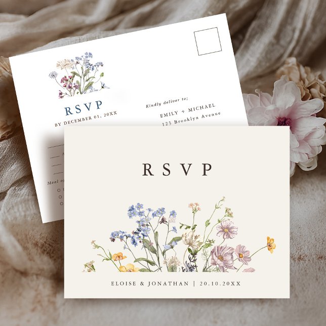 Colorful Spring Wildflower Meadow Wedding RSVP Postcard (Colorful Spring Wildflower Meadow Wedding RSVP Postcard)