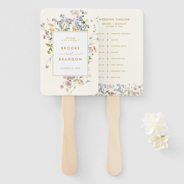 Colorful Spring Wildflower Meadow wedding Timeline Hand Fan (Front and Back)