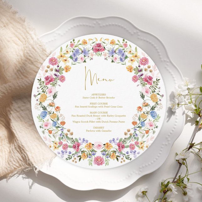 Colorful Spring Wildflower Round Charger Plate Menu (Creator Uploaded)