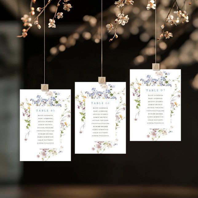 Colorful Spring Wildflower  Seating Chart card (Colorful Spring Wildflower meadow garden wedding table number Seating Chart card)