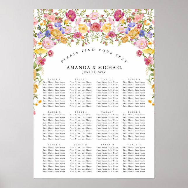 Colorful Spring Wildflower   Wedding Seating Chart (Front)