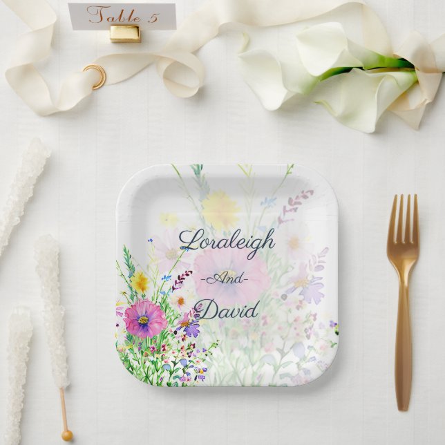 Colorful spring wildflowers custom Wedding Paper Plates (Wedding)