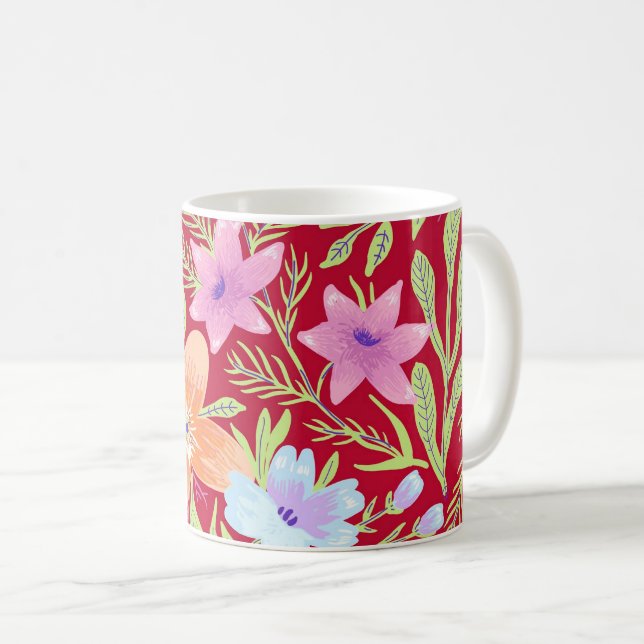 Colorful springtime flower pattern, raspberry pink coffee mug (Front Right)