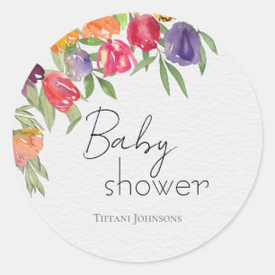 Colorful Springtime Tulips-themed Baby Shower Classic Round Sticker