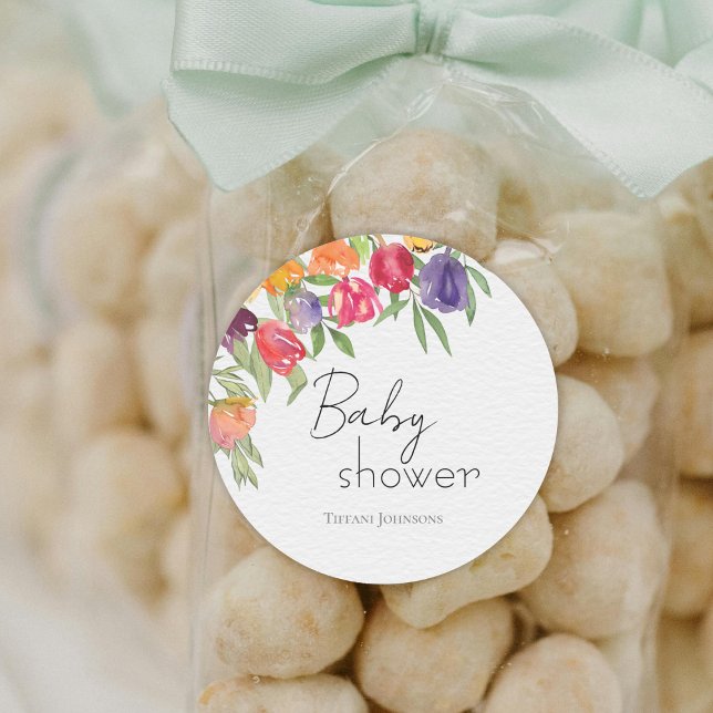 Colorful Springtime Tulips-themed Baby Shower Classic Round Sticker (Creator Uploaded)