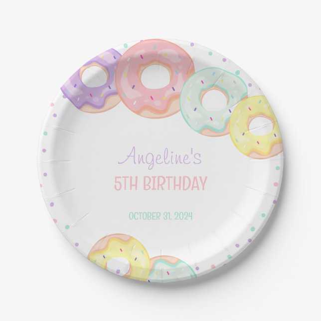 Colorful Sprinkle Donuts Kids Birthday Paper Plates (Front)