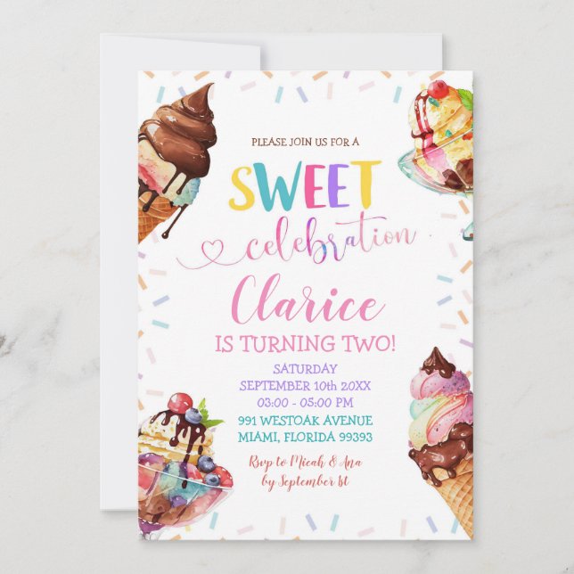 Colorful Sprinkle Ice cream Birthday Invitation (Front)