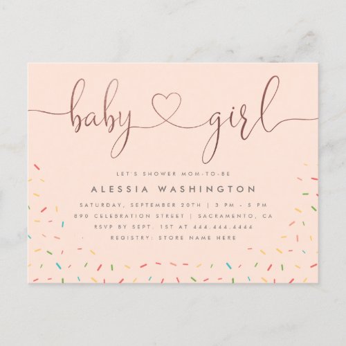 Colorful Sprinkle Rose Gold Girl Baby Shower Invitation Postcard