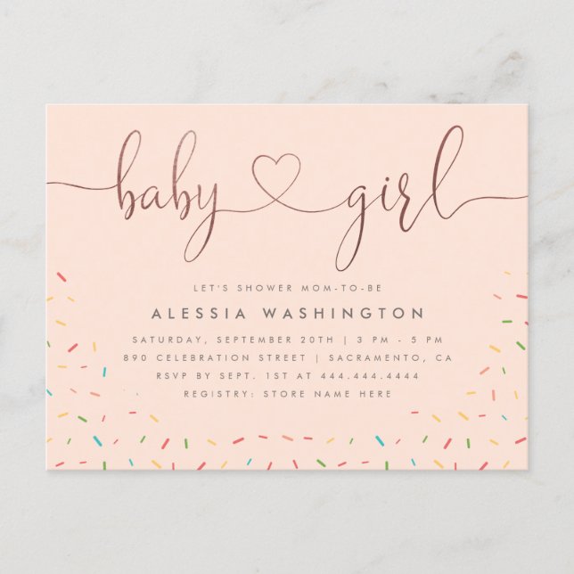 Colorful Sprinkle Rose Gold Girl Baby Shower Invitation Postcard (Front)