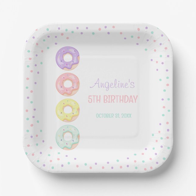 Colorful Sprinkle Sweet Donuts Kids Birthday Paper Plates (Front)