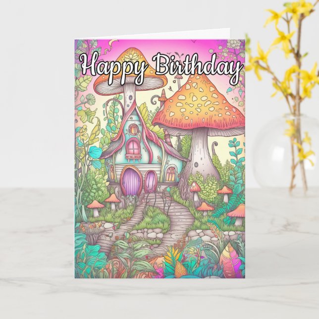 Colorful Sprouting Mushroom Hut Illustration Card (Yellow Flower)