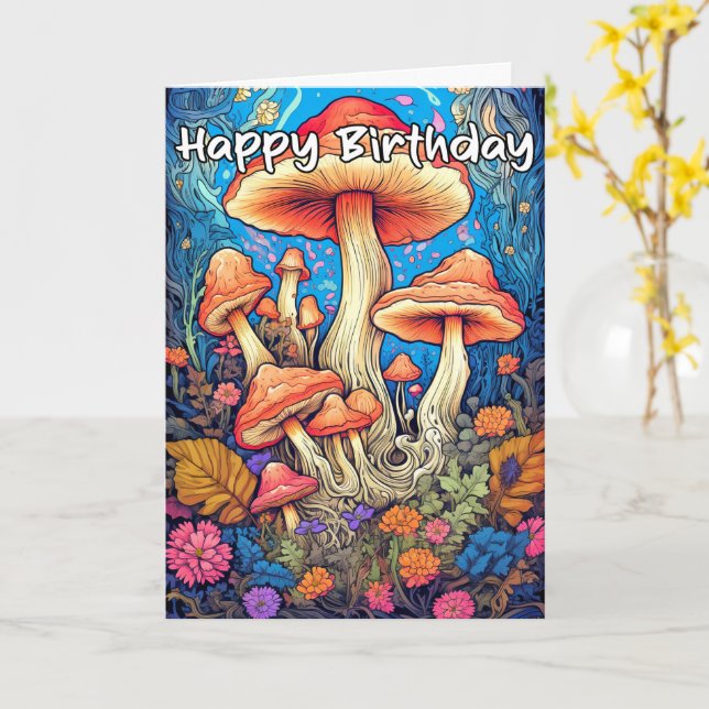 Colorful Sprouting Mushroom Illustration Card (Yellow Flower)