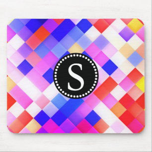 Colorful Square Geometric Pattern Black Monogram Mouse Pad