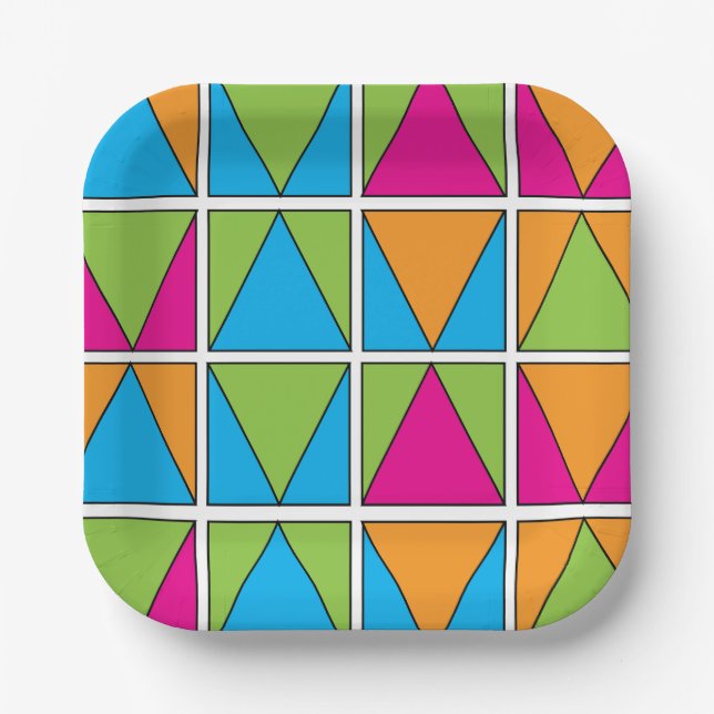 Colorful Square Triangle Geometric Party Paper Plates (Front)