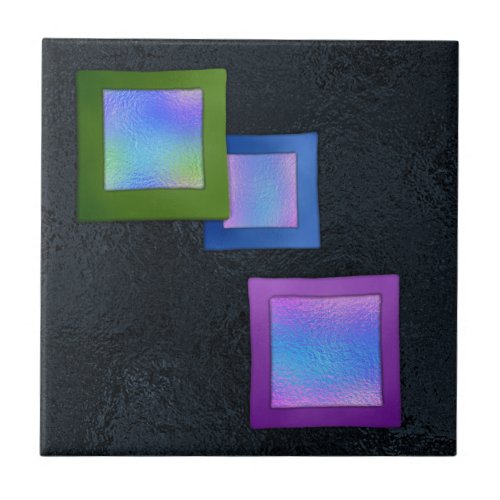 Colorful Squares Black Dichroic Fused Glass Look Ceramic Tile