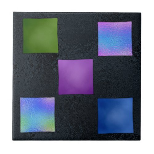 Colorful Squares Black Dichroic Fused Glass Look Ceramic Tile