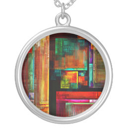 Colorful Squares Modern Abstract Art Pattern #04 Silver Plated Necklace