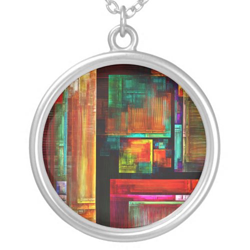Colorful Squares Modern Abstract Art Pattern 04 Silver Plated Necklace