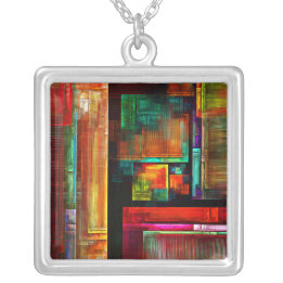 Colorful Squares Modern Abstract Art Pattern #04 Silver Plated Necklace