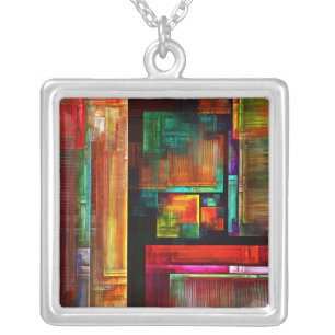 Colorful Squares Modern Abstract Art Pattern #04 Silver Plated Necklace