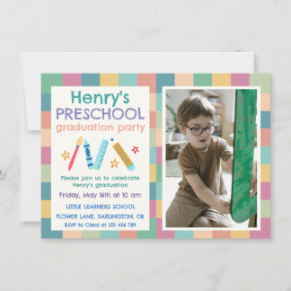 Colorful Squares Photo Preschool Graduation Invitation