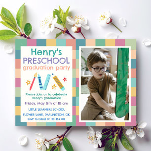 Colorful Squares Photo Preschool Graduation Invitation