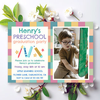 Colorful Squares Photo Preschool Graduation Invitation