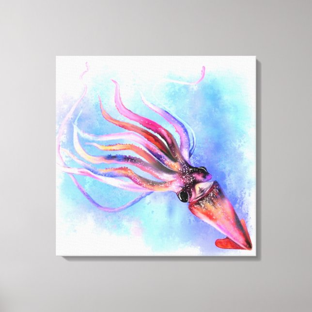 Colorful Squid Swimming Canvas Print - Painting (Front)