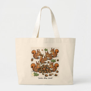 "Colorful Squirrel Acorn Hunt" Large Tote Bag