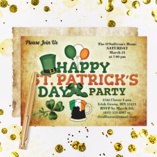 Colorful St Patricks Day Party Vintage Parchment Invitation