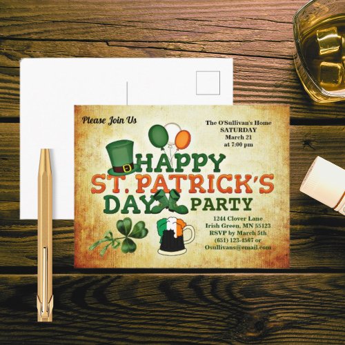 Colorful St Patricks Day Party Vintage Parchment Postcard