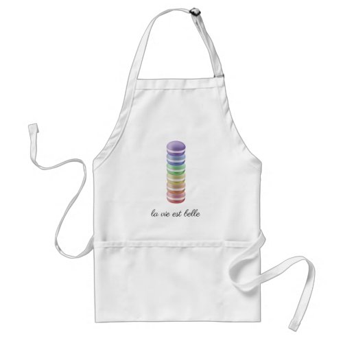 Colorful stack of sweet macarons la vie est belle adult apron