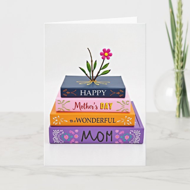 Colorful Stacked Books Mom Card (Front)