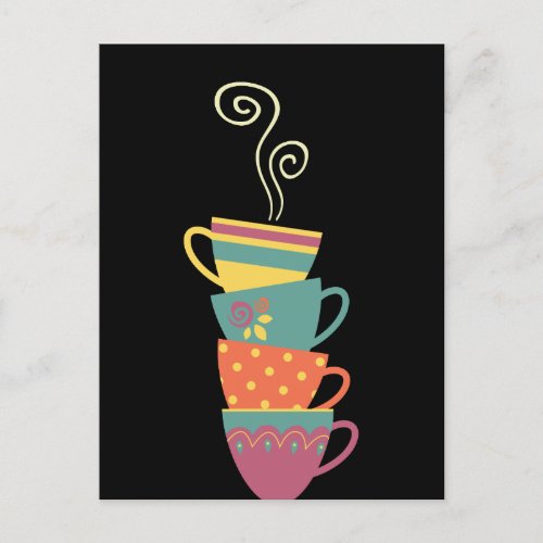 Colorful stacked teacoffee cups steam hot mugs postcard