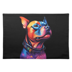 Colorful Staffy Bull Terrier Cyberpunk Design, Cloth Placemat